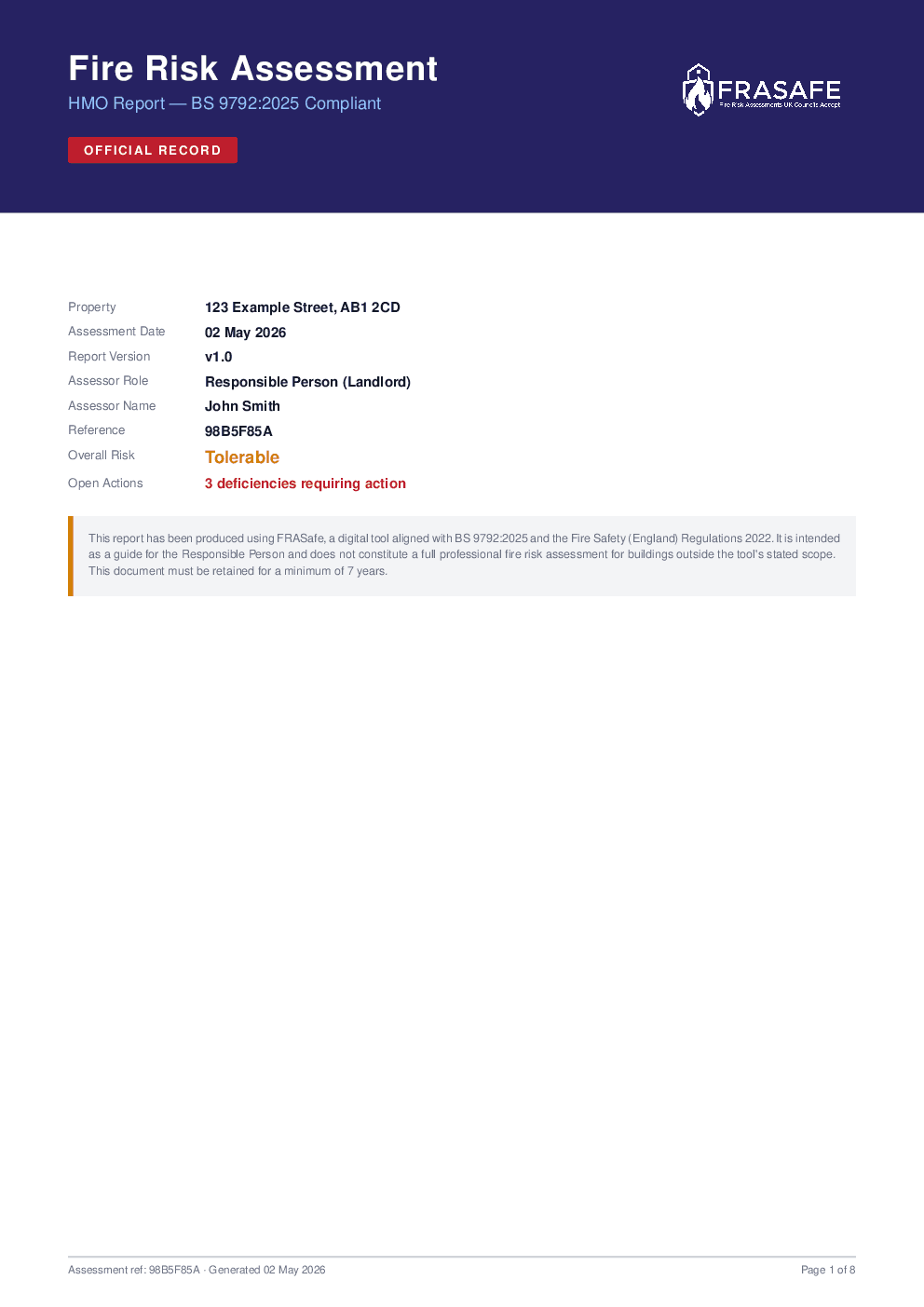 Sample HMO fire risk assessment report